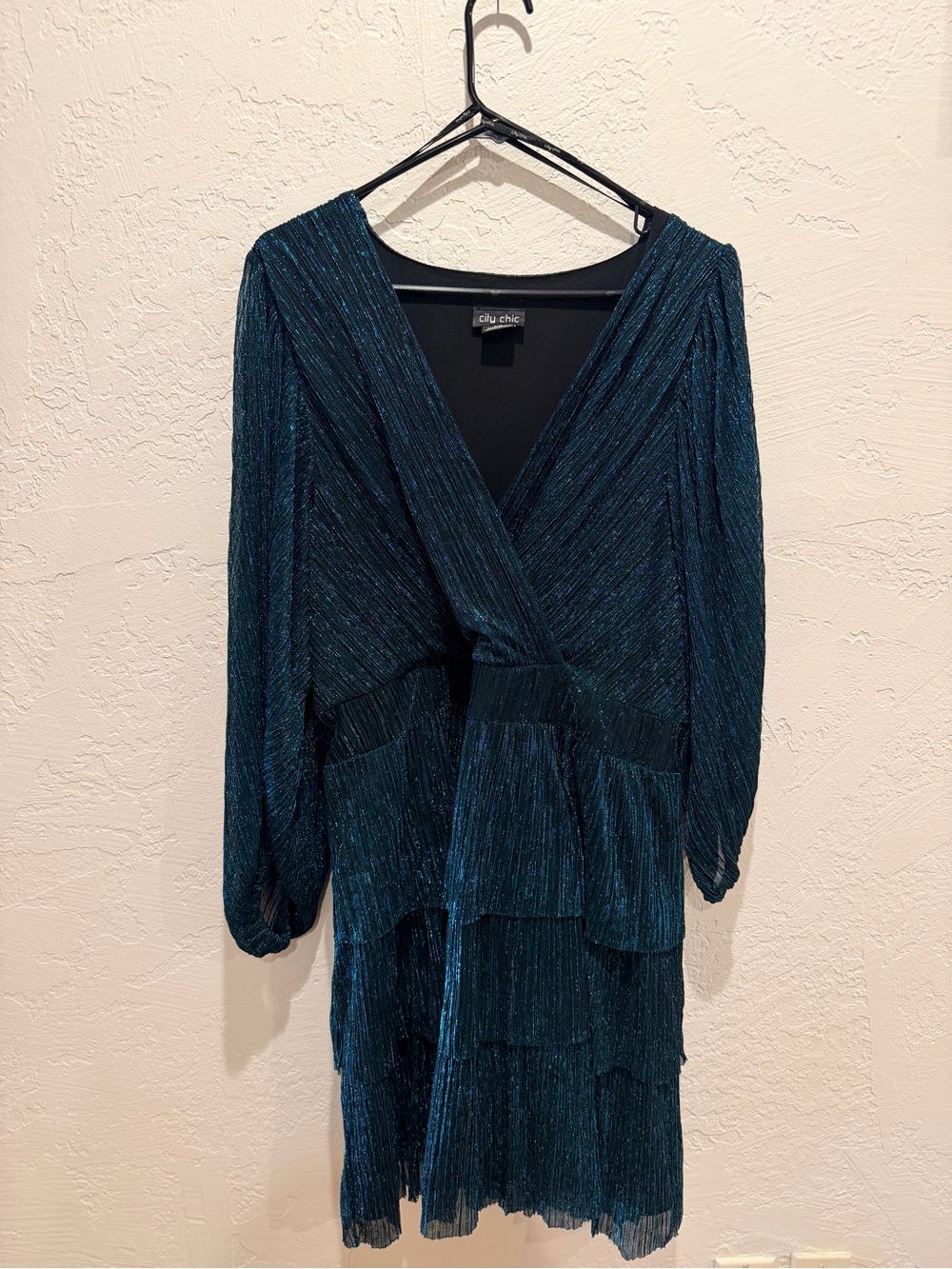 City Chic Teal Shimmer Tiered V‑Neck Dress